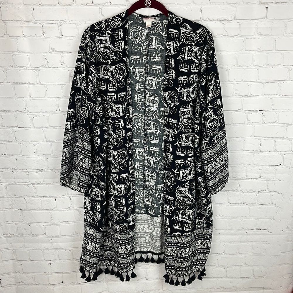 Merona Black & White Abstract Elephant Tassel Kimono Cardigan Sz M/L